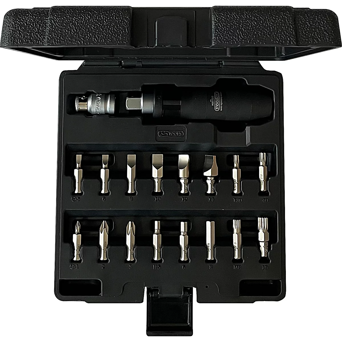 Werkzeugkoffer mit Schraubendreher und verschiedenen Aufsätzen.